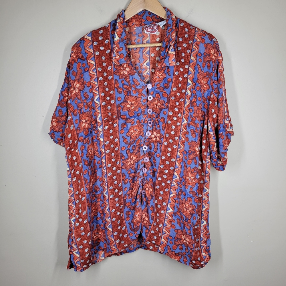 Vintage Rosey Tomato Orange Red Blue Abstract Funky Button Up 44 24 Rayon